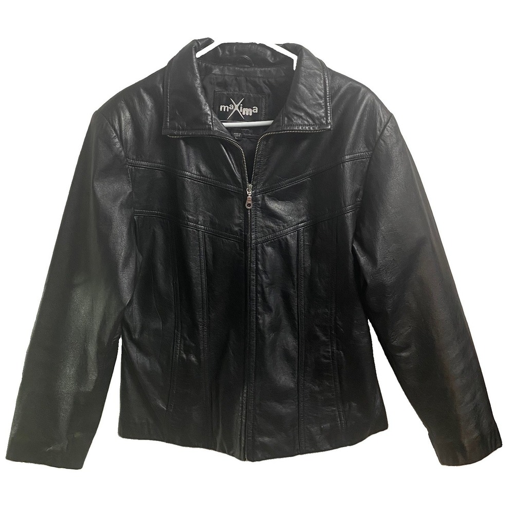 Wilsons Maxima Women Black Moto Leather Jacket Biker Motorcycle L EUC